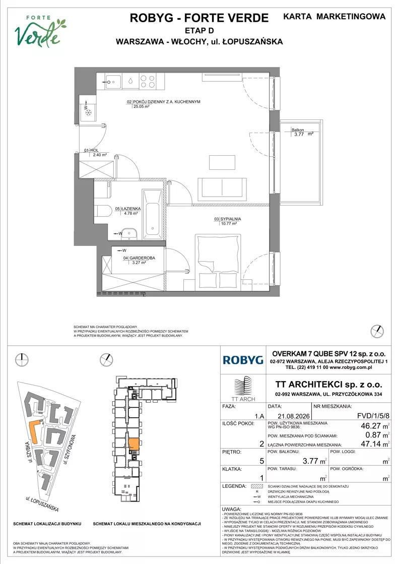 2 pokoje, mieszkanie 46,27 m², piętro 5, oferta nr FVD/1/5/8, Forte Verde, Warszawa, Włochy, Raków, ul. Łopuszańska