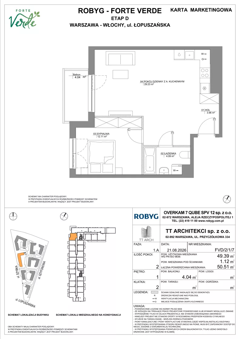 2 pokoje, mieszkanie 49,39 m², piętro 1, oferta nr FVD/2/1/7, Forte Verde, Warszawa, Włochy, Raków, ul. Łopuszańska