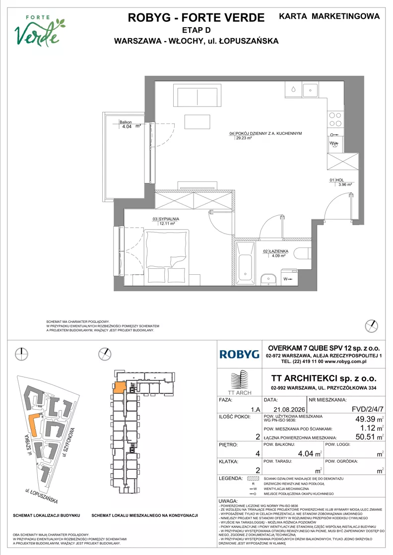 2 pokoje, mieszkanie 49,39 m², piętro 4, oferta nr FVD/2/4/7, Forte Verde, Warszawa, Włochy, Raków, ul. Łopuszańska