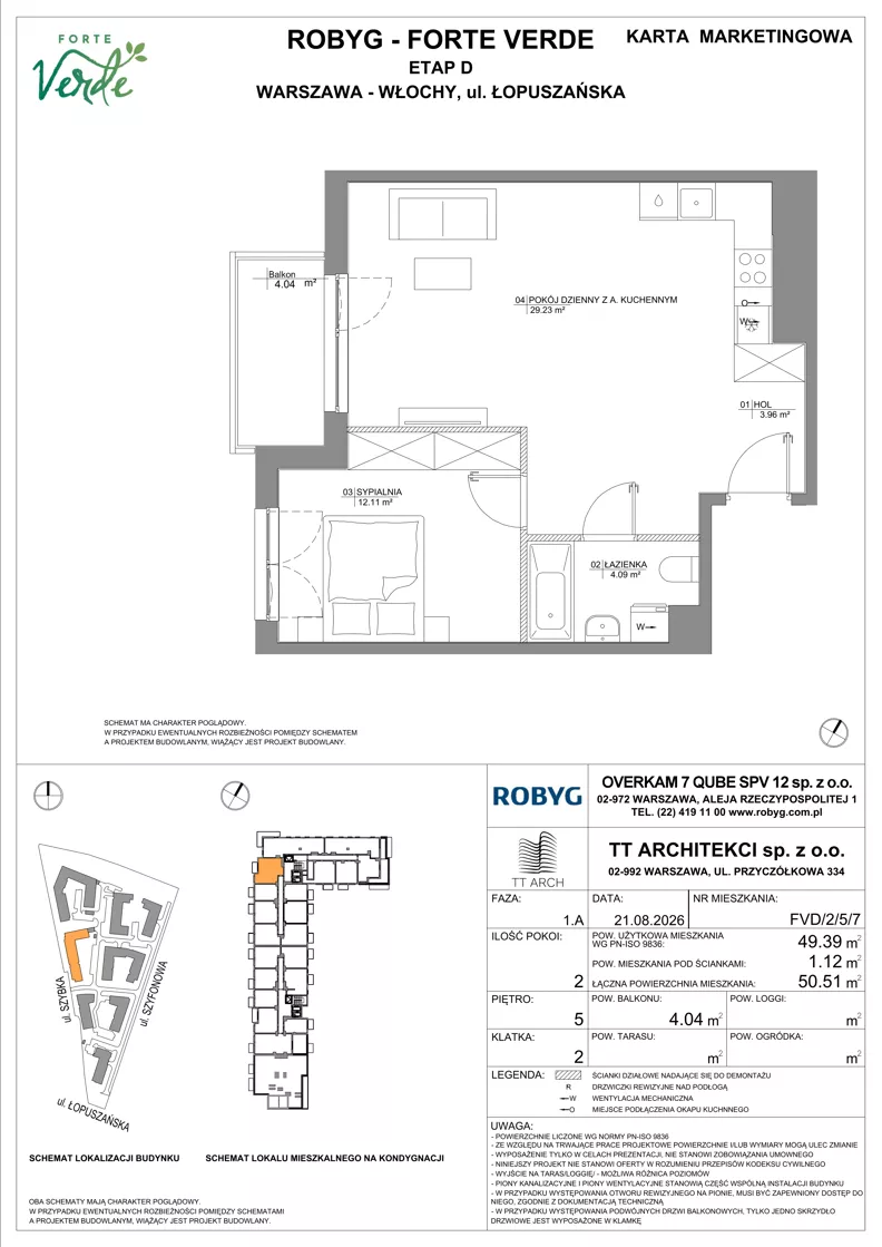 2 pokoje, mieszkanie 49,39 m², piętro 5, oferta nr FVD/2/5/7, Forte Verde, Warszawa, Włochy, Raków, ul. Łopuszańska