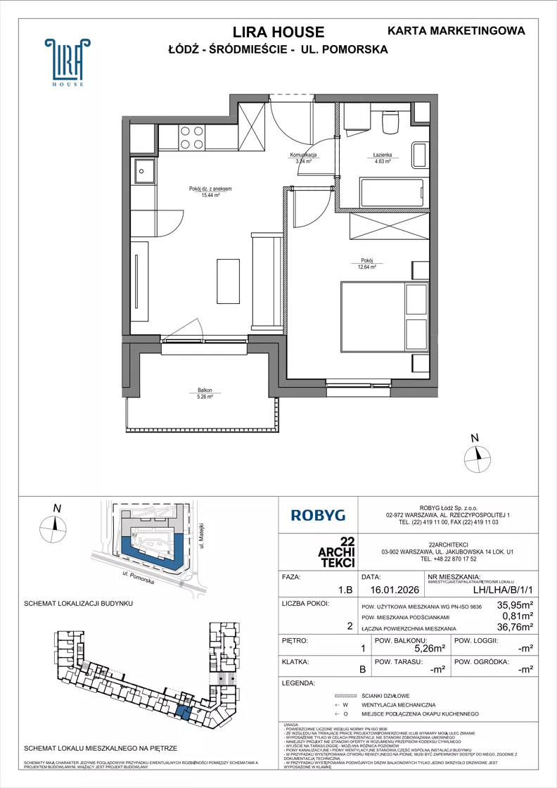 2 pokoje, mieszkanie 35,95 m², piętro 1, oferta nr LH/LHA/B/1/1, Lira House, Łódź, Śródmieście, ul. Pomorska