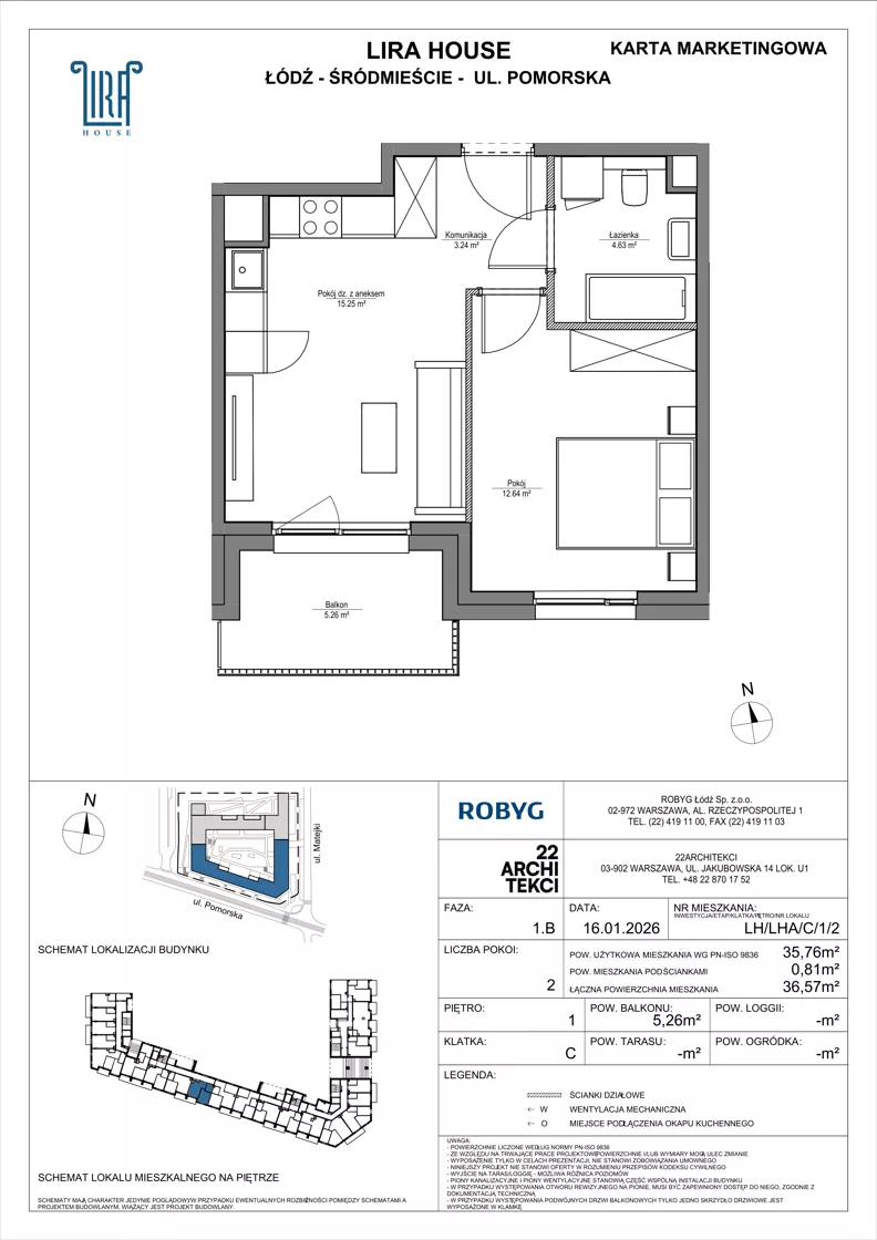 2 pokoje, mieszkanie 35,76 m², piętro 1, oferta nr LH/LHA/C/1/2, Lira House, Łódź, Śródmieście, ul. Pomorska
