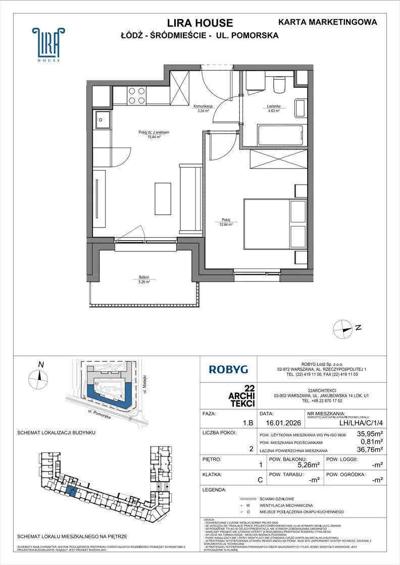2 pokoje, mieszkanie 35,95 m², piętro 1, oferta nr LH/LHA/C/1/4, Lira House, Łódź, Śródmieście, ul. Pomorska