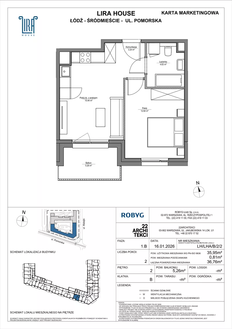 2 pokoje, mieszkanie 35,95 m², piętro 2, oferta nr LH/LHA/B/2/2, Lira House, Łódź, Śródmieście, ul. Pomorska