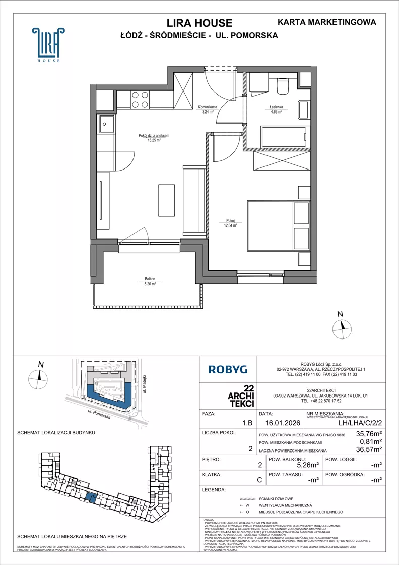2 pokoje, mieszkanie 35,76 m², piętro 2, oferta nr LH/LHA/C/2/2, Lira House, Łódź, Śródmieście, ul. Pomorska