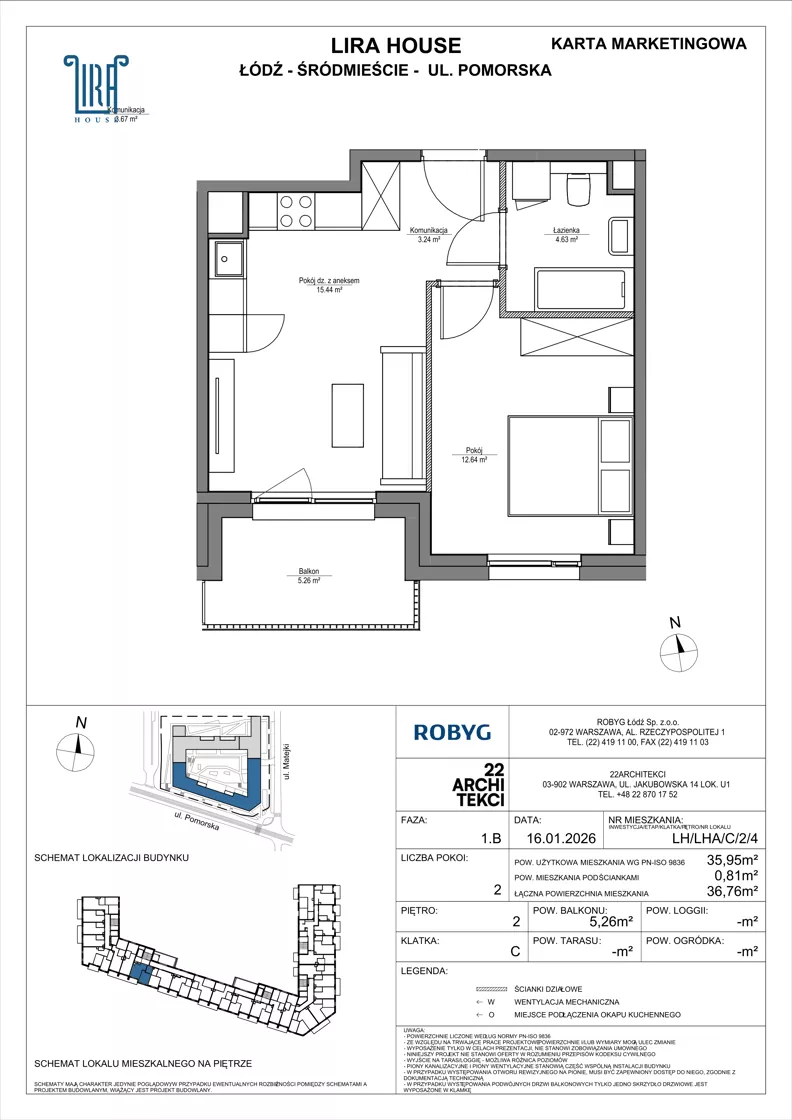 2 pokoje, mieszkanie 35,95 m², piętro 2, oferta nr LH/LHA/C/2/4, Lira House, Łódź, Śródmieście, ul. Pomorska