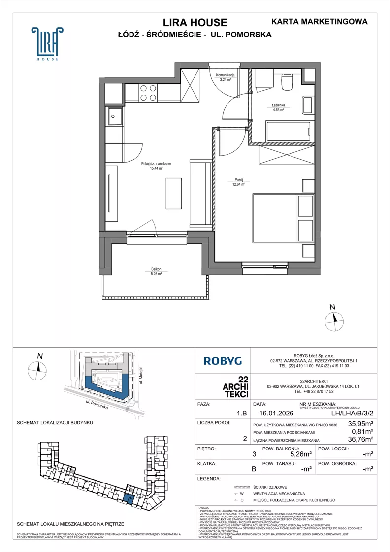 2 pokoje, mieszkanie 35,95 m², piętro 3, oferta nr LH/LHA/B/3/2, Lira House, Łódź, Śródmieście, ul. Pomorska