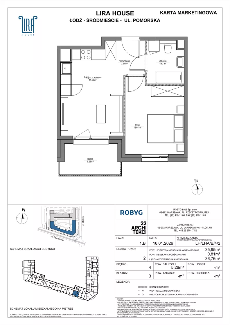 2 pokoje, mieszkanie 35,95 m², piętro 4, oferta nr LH/LHA/B/4/2, Lira House, Łódź, Śródmieście, ul. Pomorska