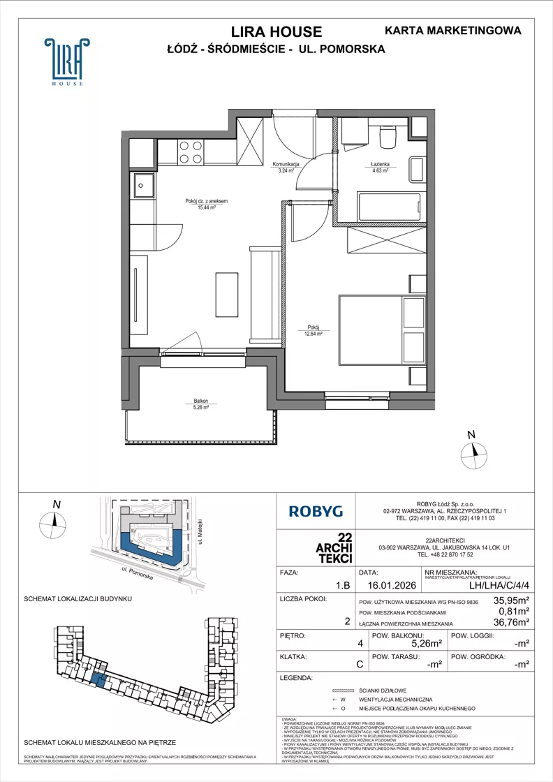 2 pokoje, mieszkanie 35,95 m², piętro 4, oferta nr LH/LHA/C/4/4, Lira House, Łódź, Śródmieście, ul. Pomorska