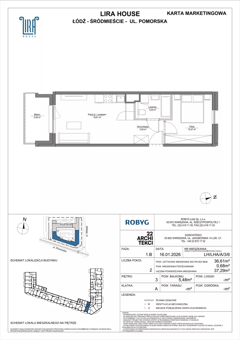 2 pokoje, mieszkanie 36,61 m², piętro 3, oferta nr LH/LHA/A/3/6, Lira House, Łódź, Śródmieście, ul. Pomorska
