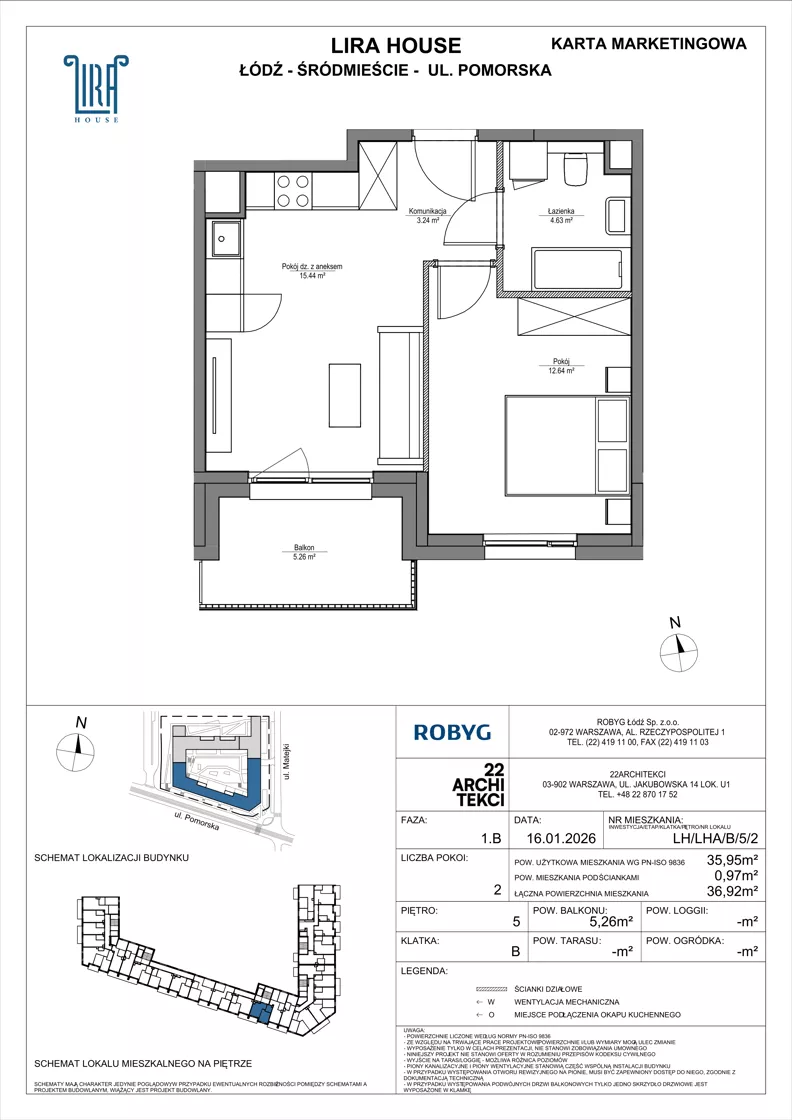 2 pokoje, mieszkanie 35,95 m², piętro 5, oferta nr LH/LHA/B/5/2, Lira House, Łódź, Śródmieście, ul. Pomorska