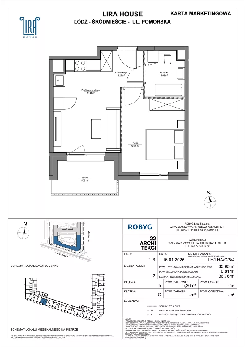 2 pokoje, mieszkanie 35,95 m², piętro 5, oferta nr LH/LHA/C/5/4, Lira House, Łódź, Śródmieście, ul. Pomorska