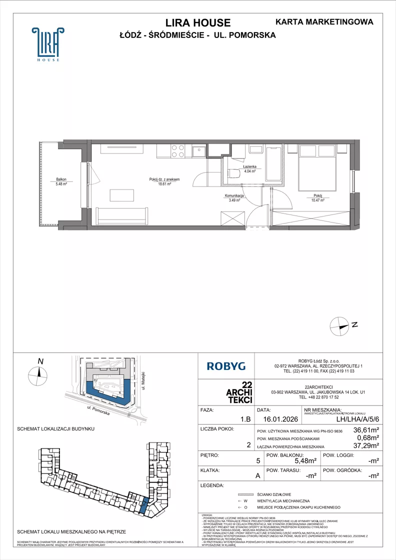 2 pokoje, mieszkanie 36,61 m², piętro 5, oferta nr LH/LHA/A/5/6, Lira House, Łódź, Śródmieście, ul. Pomorska