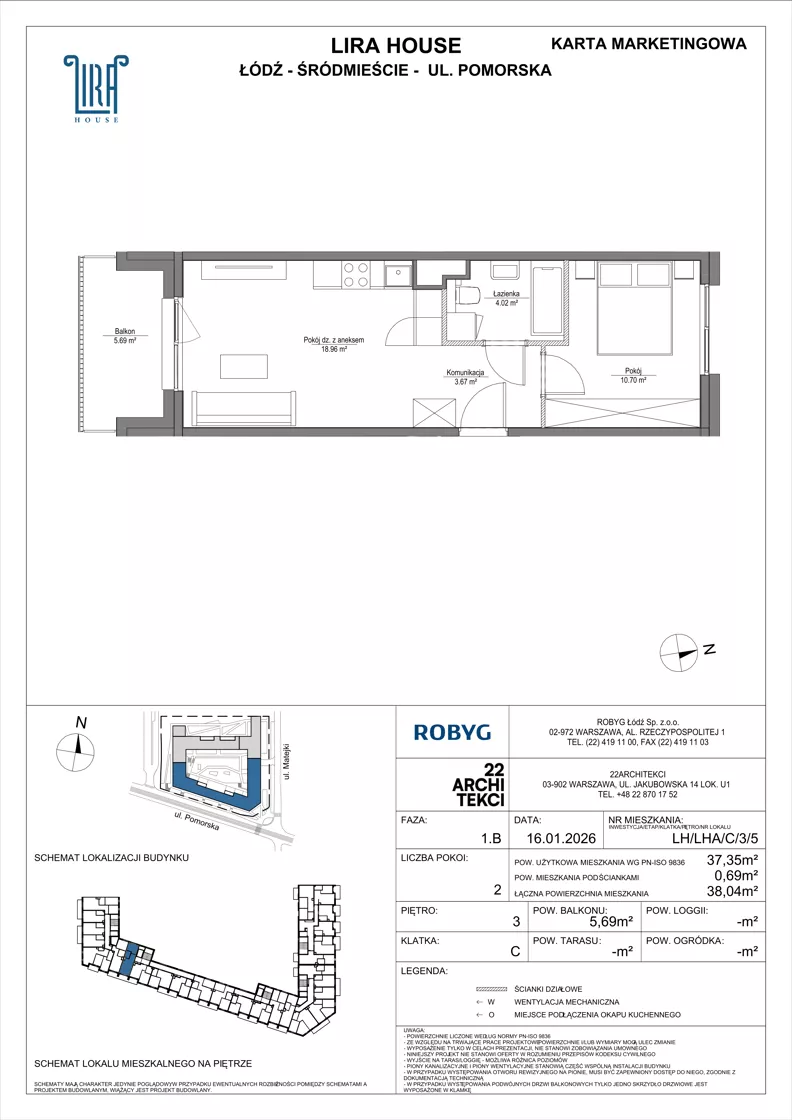 2 pokoje, mieszkanie 37,35 m², piętro 3, oferta nr LH/LHA/C/3/5, Lira House, Łódź, Śródmieście, ul. Pomorska
