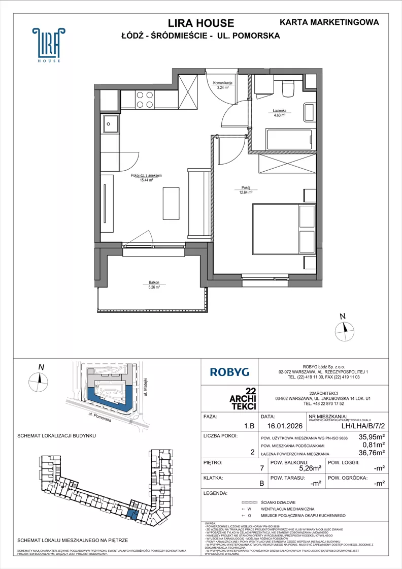 2 pokoje, mieszkanie 35,95 m², piętro 7, oferta nr LH/LHA/B/7/2, Lira House, Łódź, Śródmieście, ul. Pomorska