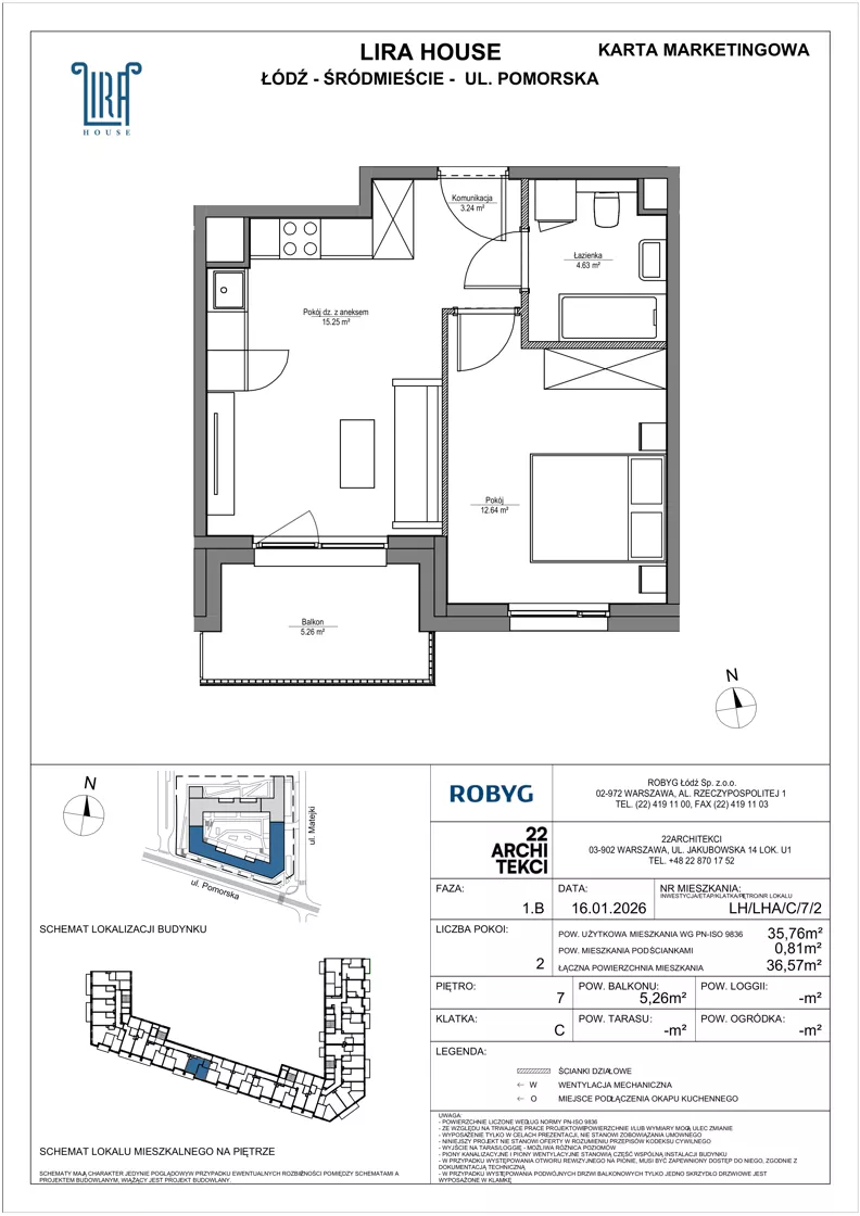 2 pokoje, mieszkanie 35,76 m², piętro 7, oferta nr LH/LHA/C/7/2, Lira House, Łódź, Śródmieście, ul. Pomorska