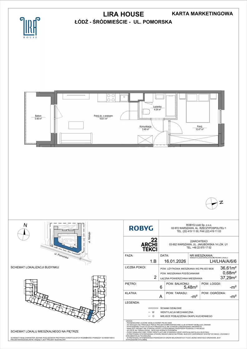 2 pokoje, mieszkanie 36,61 m², piętro 6, oferta nr LH/LHA/A/6/6, Lira House, Łódź, Śródmieście, ul. Pomorska
