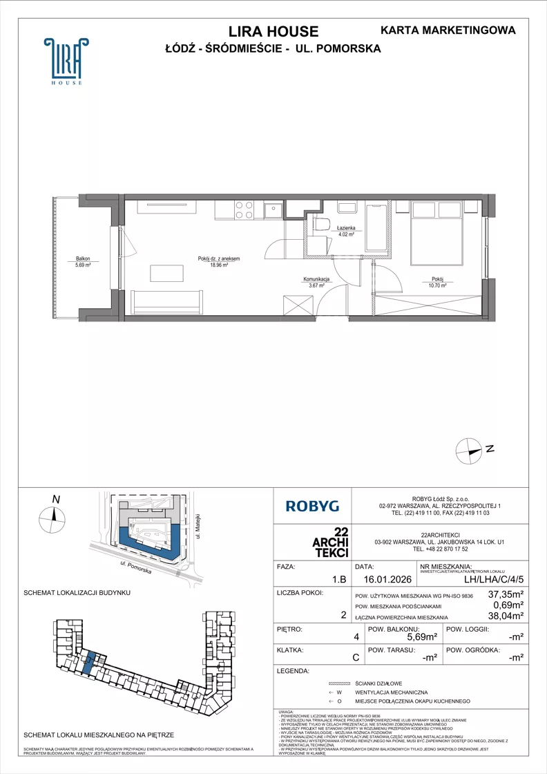 2 pokoje, mieszkanie 37,35 m², piętro 4, oferta nr LH/LHA/C/4/5, Lira House, Łódź, Śródmieście, ul. Pomorska