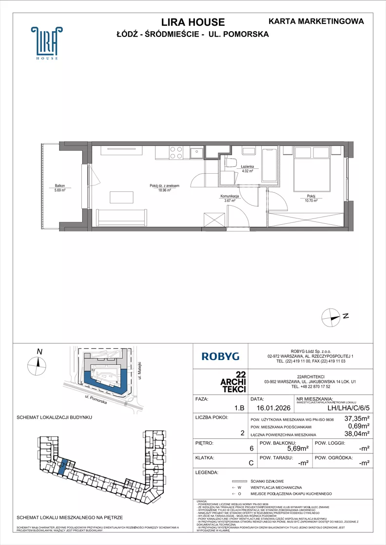 2 pokoje, mieszkanie 37,35 m², piętro 6, oferta nr LH/LHA/C/6/5, Lira House, Łódź, Śródmieście, ul. Pomorska