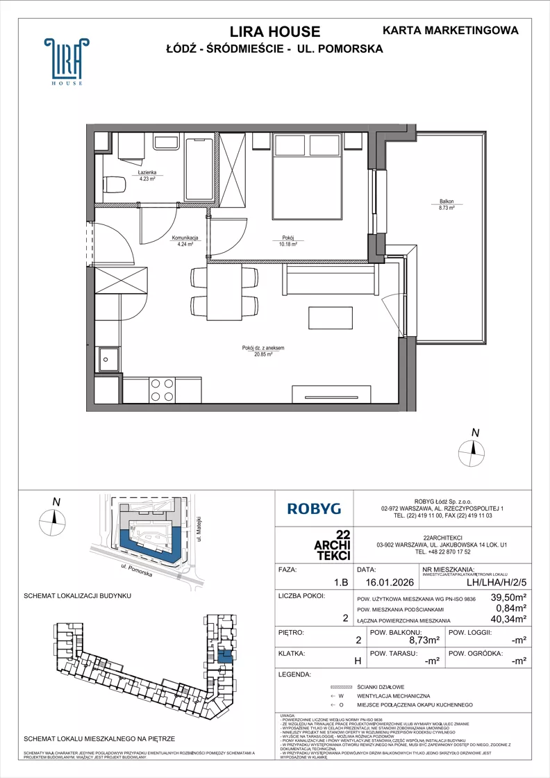 2 pokoje, mieszkanie 39,50 m², piętro 2, oferta nr LH/LHA/H/2/5, Lira House, Łódź, Śródmieście, ul. Pomorska