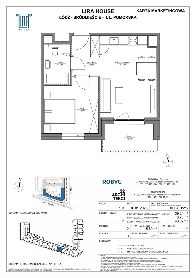 2 pokoje, mieszkanie 39,24 m², piętro 2, oferta nr LH/LHA/B/2/3, Lira House, Łódź, Śródmieście, ul. Pomorska