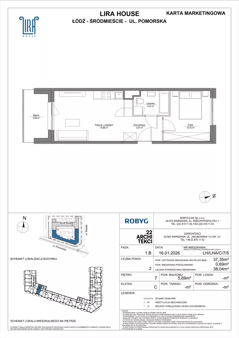 2 pokoje, mieszkanie 37,35 m², piętro 7, oferta nr LH/LHA/C/7/5, Lira House, Łódź, Śródmieście, ul. Pomorska