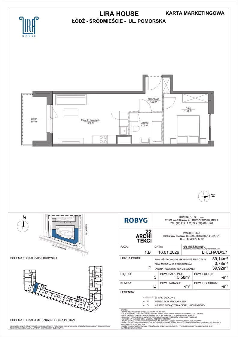 2 pokoje, mieszkanie 39,14 m², piętro 3, oferta nr LH/LHA/D/3/1, Lira House, Łódź, Śródmieście, ul. Pomorska