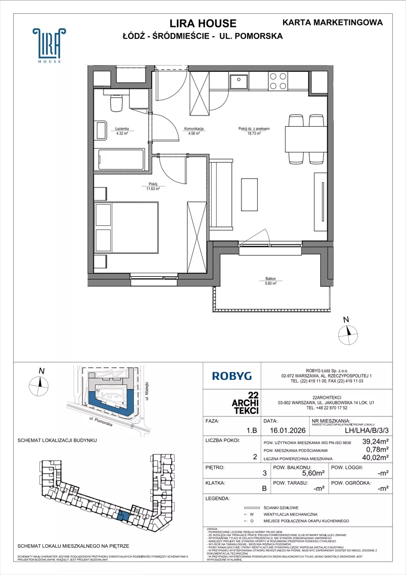 2 pokoje, mieszkanie 39,24 m², piętro 3, oferta nr LH/LHA/B/3/3, Lira House, Łódź, Śródmieście, ul. Pomorska