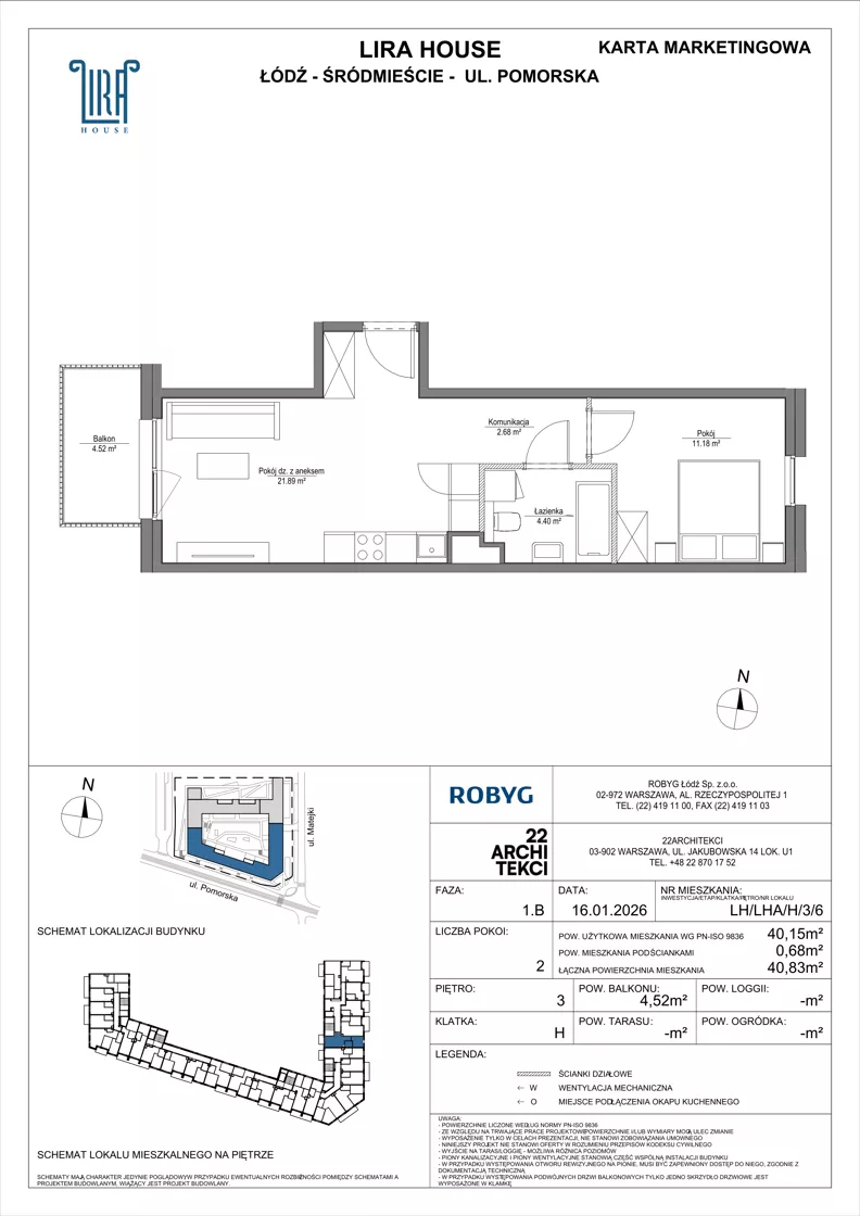 2 pokoje, mieszkanie 40,15 m², piętro 3, oferta nr LH/LHA/H/3/6, Lira House, Łódź, Śródmieście, ul. Pomorska
