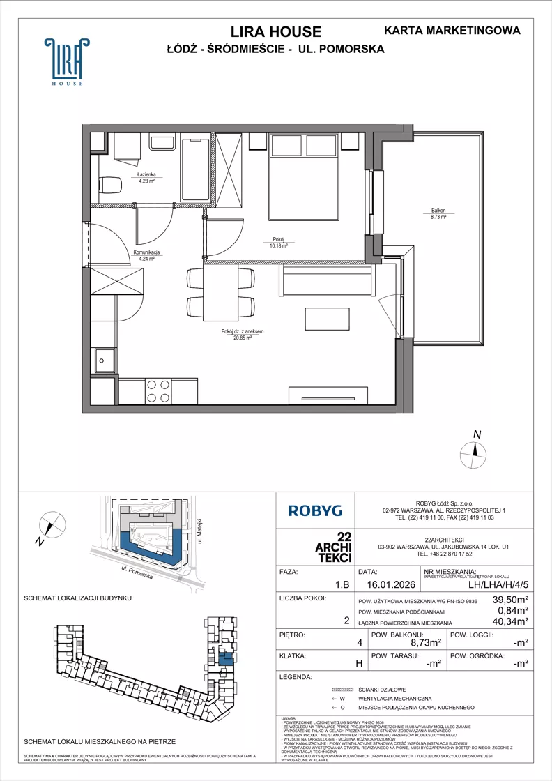 2 pokoje, mieszkanie 39,50 m², piętro 4, oferta nr LH/LHA/H/4/5, Lira House, Łódź, Śródmieście, ul. Pomorska