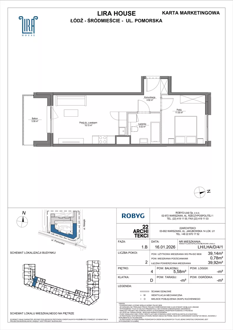 2 pokoje, mieszkanie 39,14 m², piętro 4, oferta nr LH/LHA/D/4/1, Lira House, Łódź, Śródmieście, ul. Pomorska