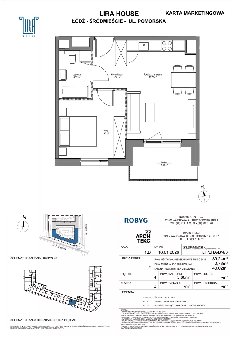 2 pokoje, mieszkanie 39,24 m², piętro 4, oferta nr LH/LHA/B/4/3, Lira House, Łódź, Śródmieście, ul. Pomorska