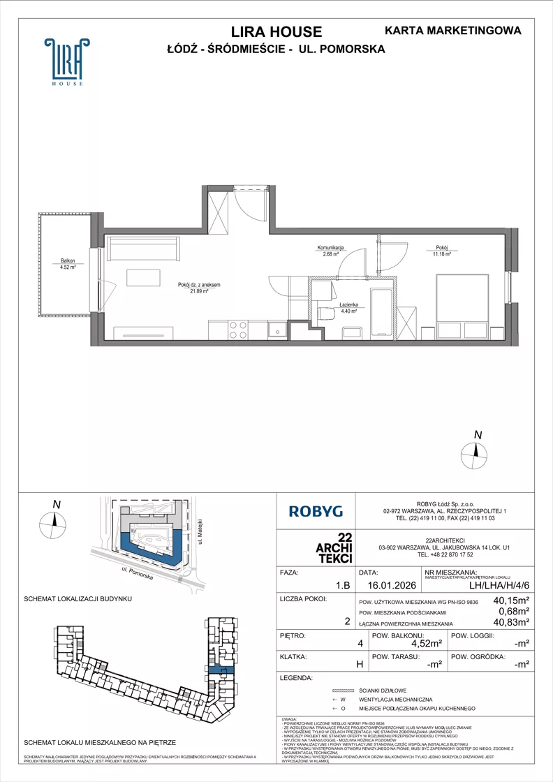 2 pokoje, mieszkanie 40,15 m², piętro 4, oferta nr LH/LHA/H/4/6, Lira House, Łódź, Śródmieście, ul. Pomorska