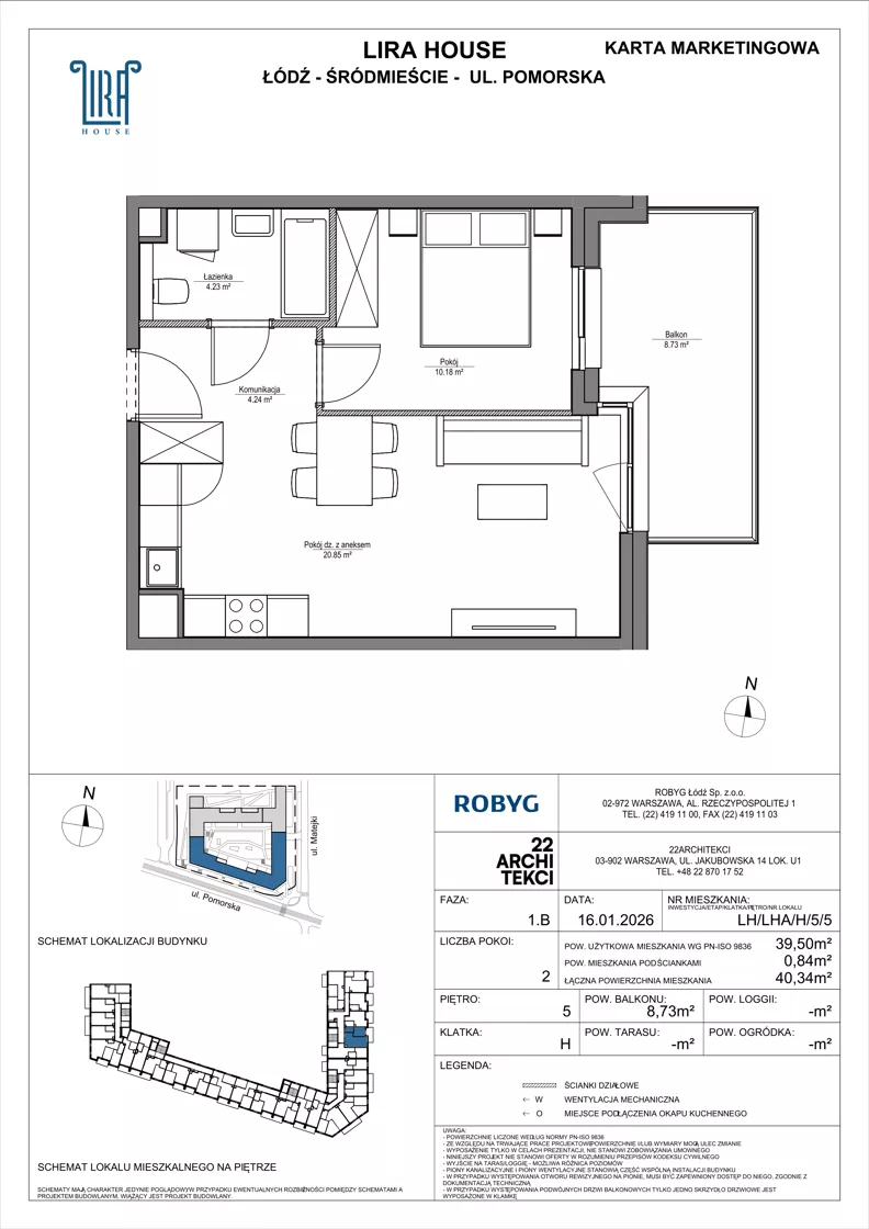 2 pokoje, mieszkanie 39,50 m², piętro 5, oferta nr LH/LHA/H/5/5, Lira House, Łódź, Śródmieście, ul. Pomorska