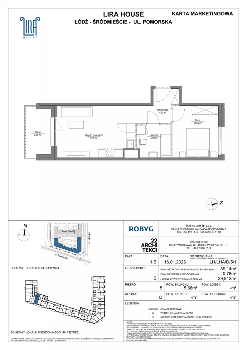 2 pokoje, mieszkanie 39,14 m², piętro 5, oferta nr LH/LHA/D/5/1, Lira House, Łódź, Śródmieście, ul. Pomorska