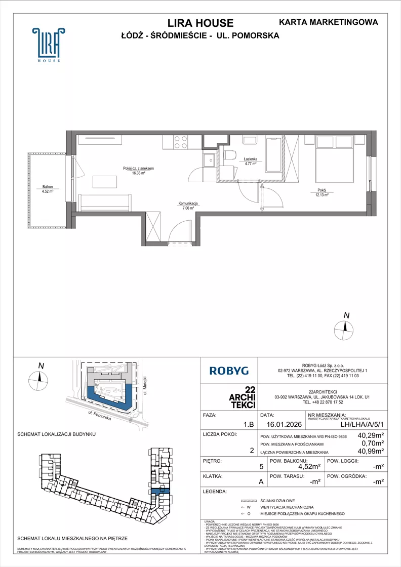 2 pokoje, mieszkanie 40,29 m², piętro 5, oferta nr LH/LHA/A/5/1, Lira House, Łódź, Śródmieście, ul. Pomorska