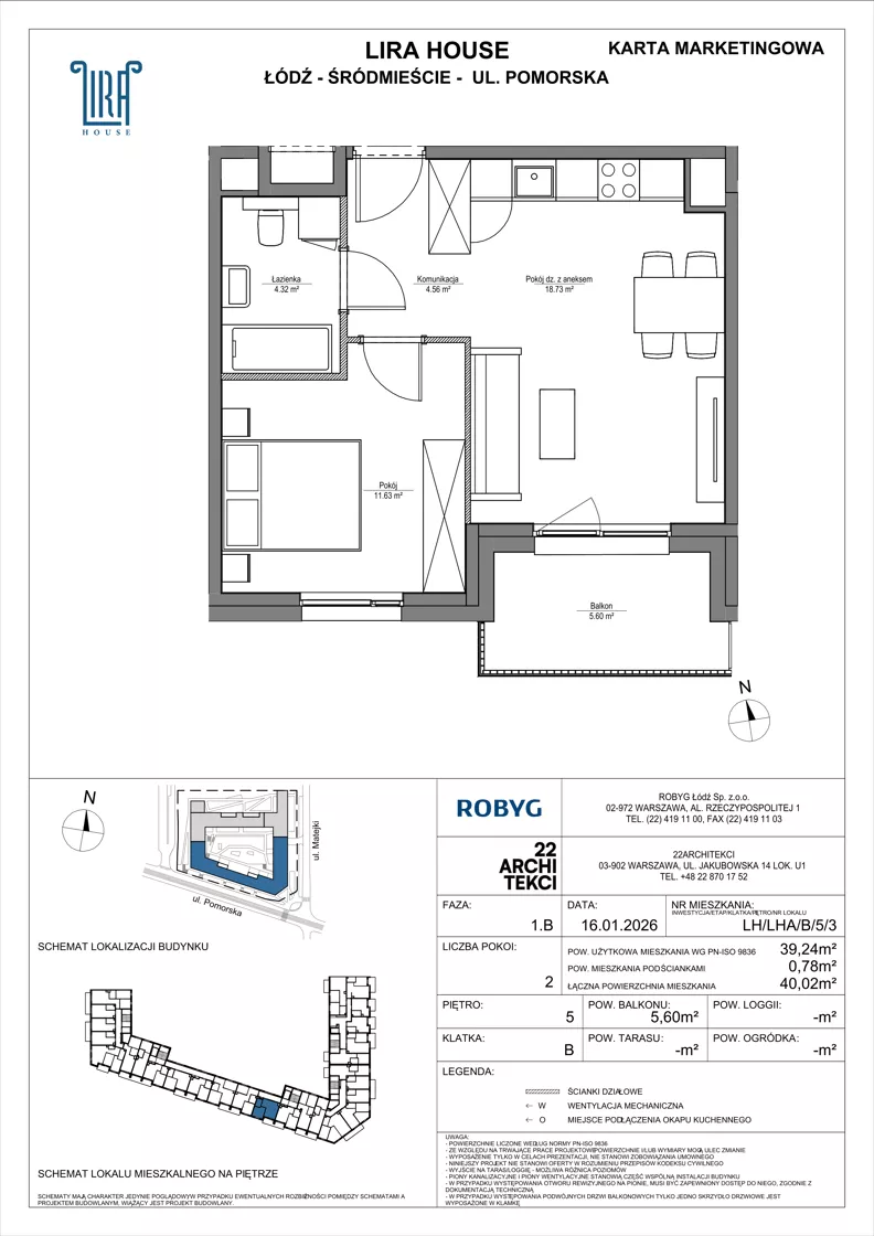 2 pokoje, mieszkanie 39,24 m², piętro 5, oferta nr LH/LHA/B/5/3, Lira House, Łódź, Śródmieście, ul. Pomorska