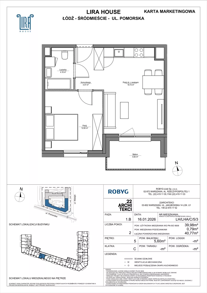 2 pokoje, mieszkanie 39,98 m², piętro 5, oferta nr LH/LHA/C/5/3, Lira House, Łódź, Śródmieście, ul. Pomorska