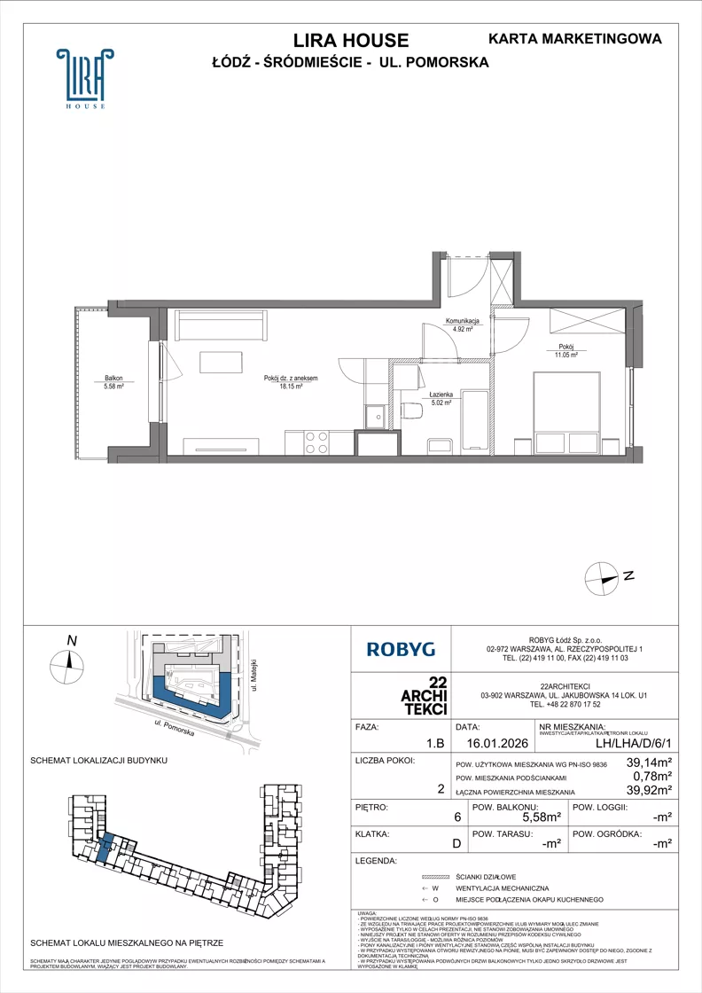 2 pokoje, mieszkanie 39,14 m², piętro 6, oferta nr LH/LHA/D/6/1, Lira House, Łódź, Śródmieście, ul. Pomorska