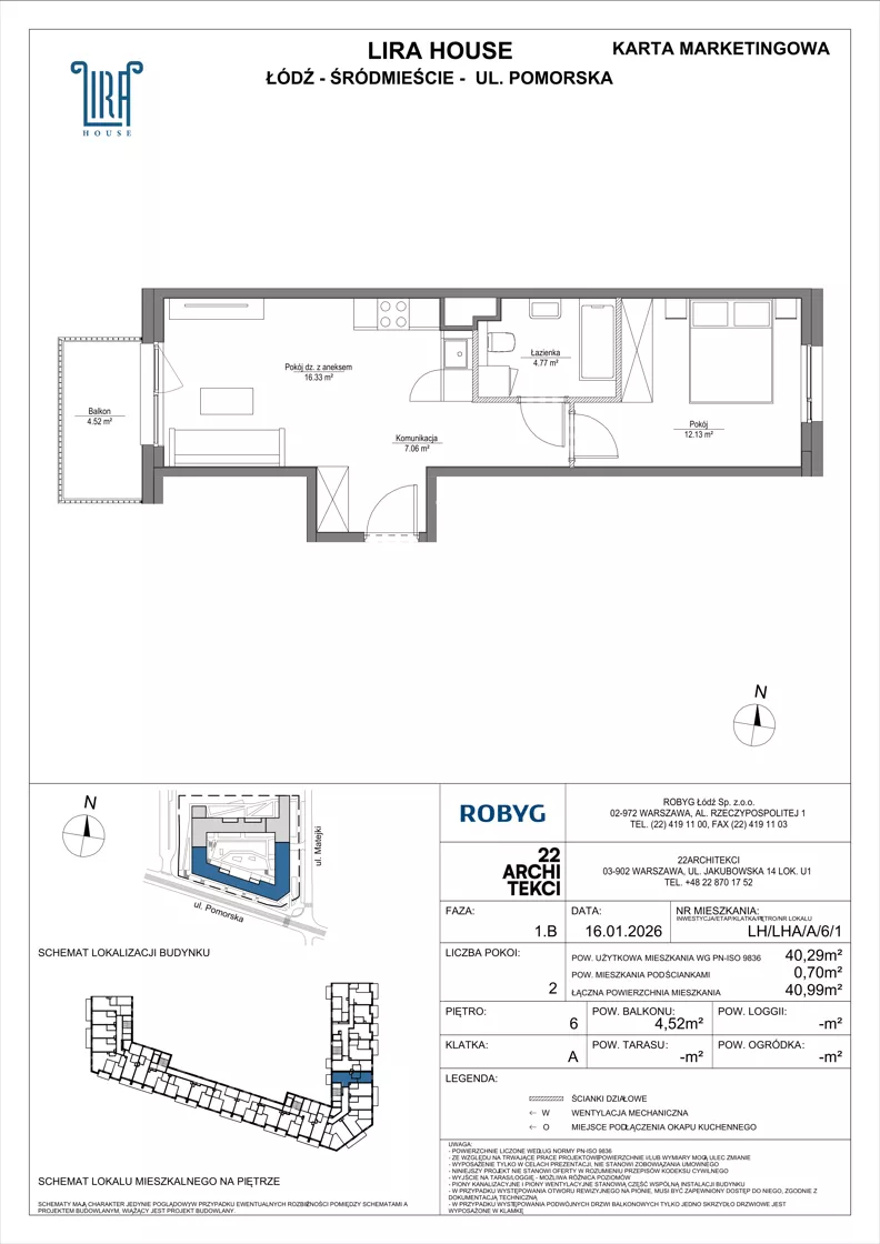 2 pokoje, mieszkanie 40,29 m², piętro 6, oferta nr LH/LHA/A/6/1, Lira House, Łódź, Śródmieście, ul. Pomorska