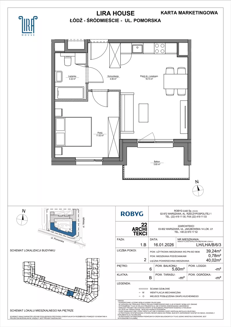 2 pokoje, mieszkanie 39,24 m², piętro 6, oferta nr LH/LHA/B/6/3, Lira House, Łódź, Śródmieście, ul. Pomorska