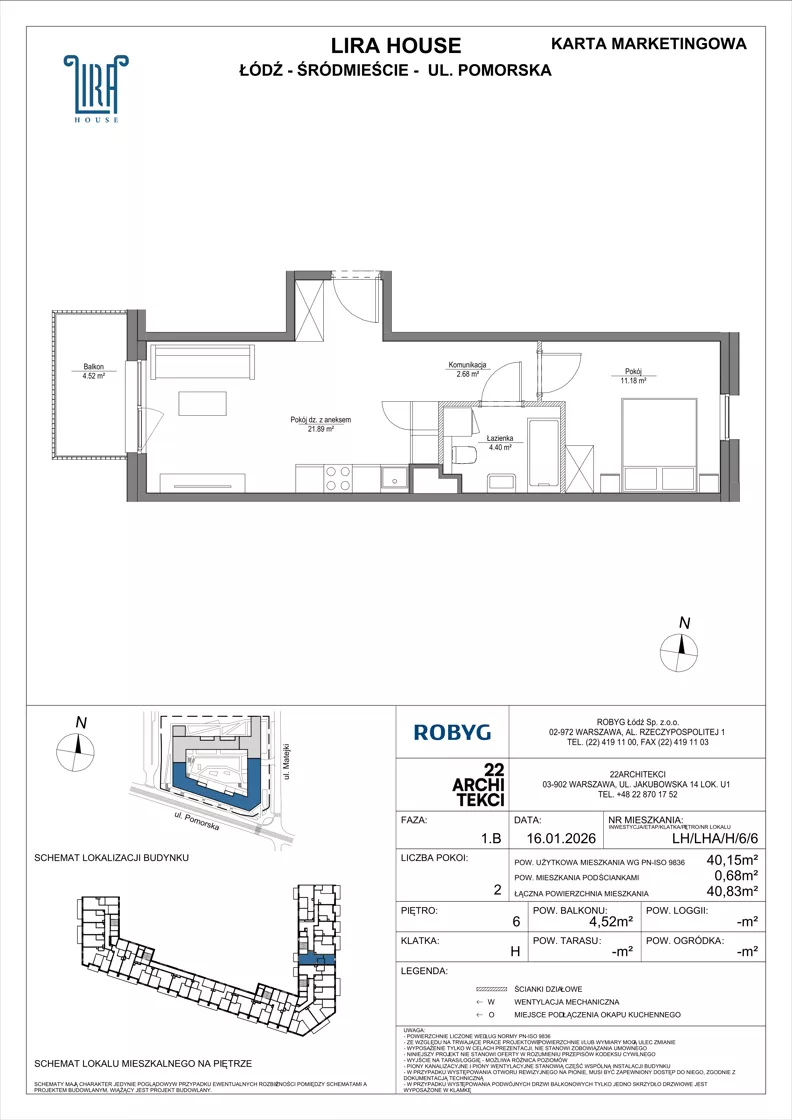 2 pokoje, mieszkanie 40,15 m², piętro 6, oferta nr LH/LHA/H/6/6, Lira House, Łódź, Śródmieście, ul. Pomorska