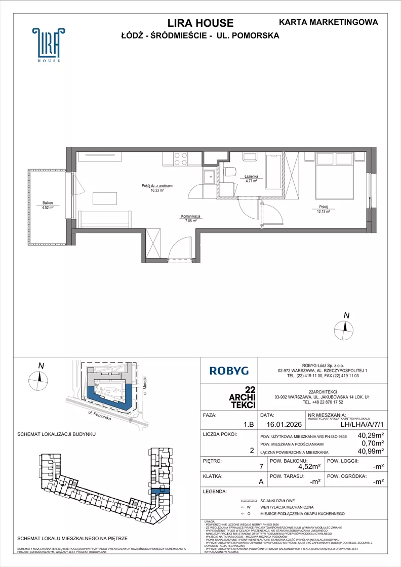 2 pokoje, mieszkanie 40,29 m², piętro 7, oferta nr LH/LHA/A/7/1, Lira House, Łódź, Śródmieście, ul. Pomorska