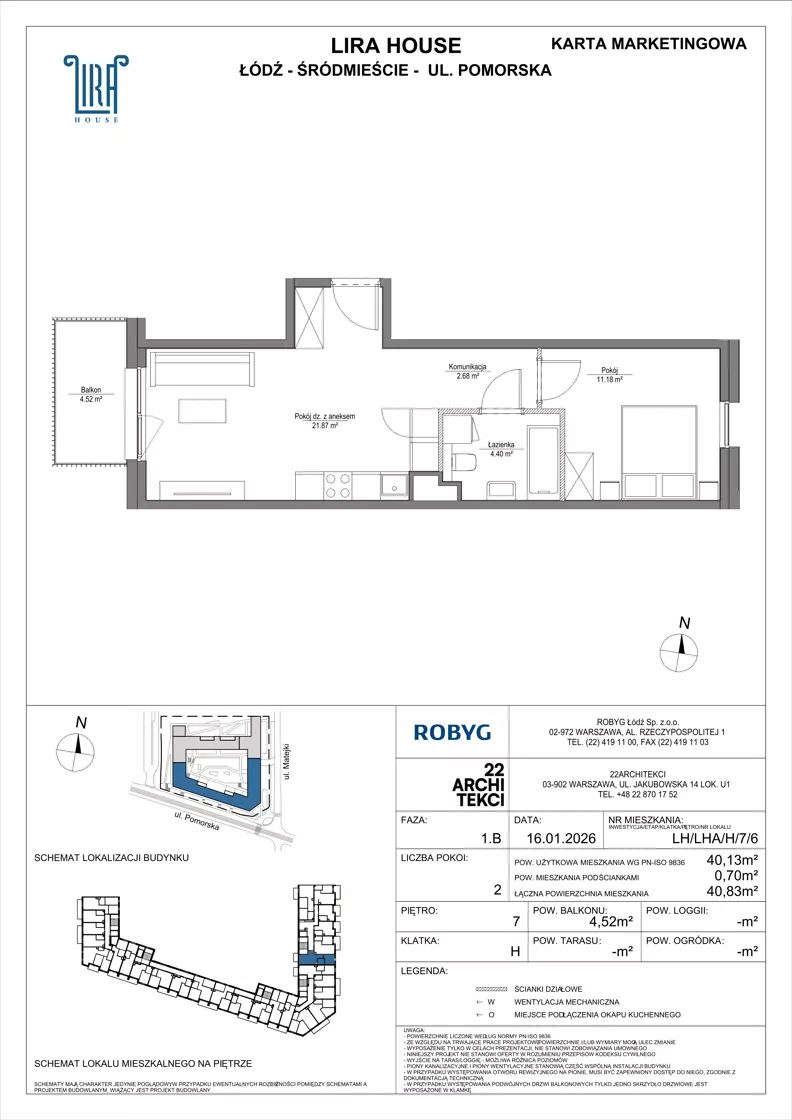 2 pokoje, mieszkanie 40,13 m², piętro 7, oferta nr LH/LHA/H/7/6, Lira House, Łódź, Śródmieście, ul. Pomorska