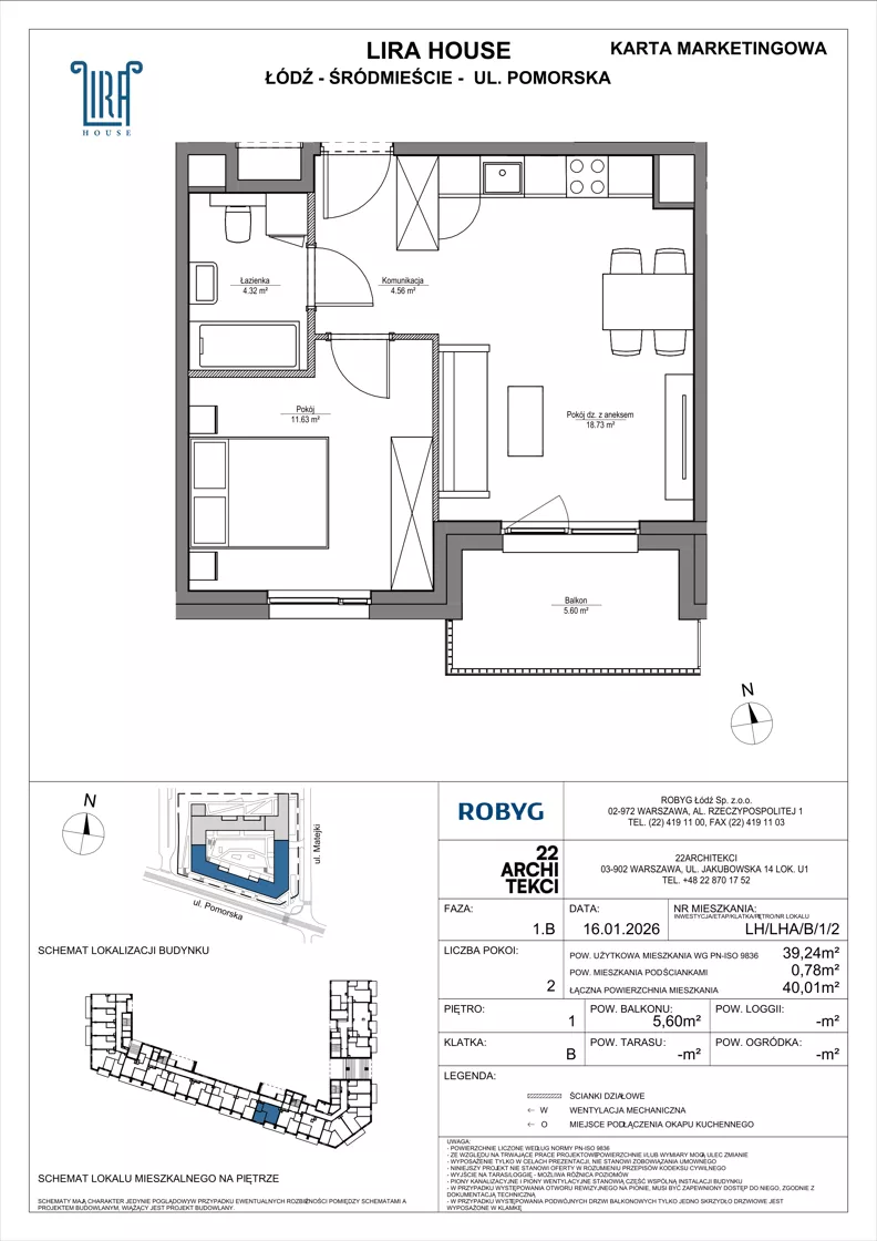 2 pokoje, mieszkanie 39,24 m², piętro 1, oferta nr LH/LHA/B/1/2, Lira House, Łódź, Śródmieście, ul. Pomorska