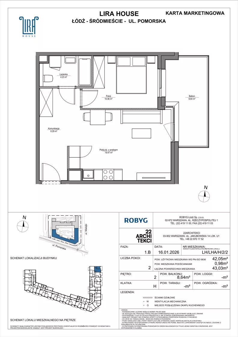 2 pokoje, mieszkanie 42,05 m², piętro 2, oferta nr LH/LHA/H/2/2, Lira House, Łódź, Śródmieście, ul. Pomorska