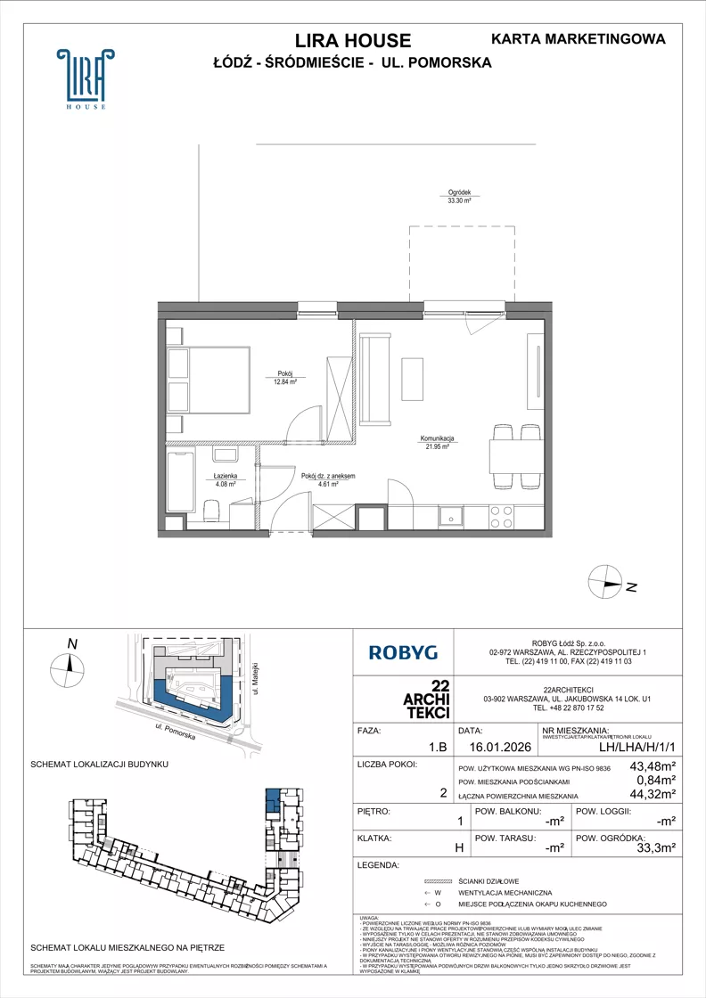 2 pokoje, mieszkanie 43,48 m², piętro 1, oferta nr LH/LHA/H/1/1, Lira House, Łódź, Śródmieście, ul. Pomorska