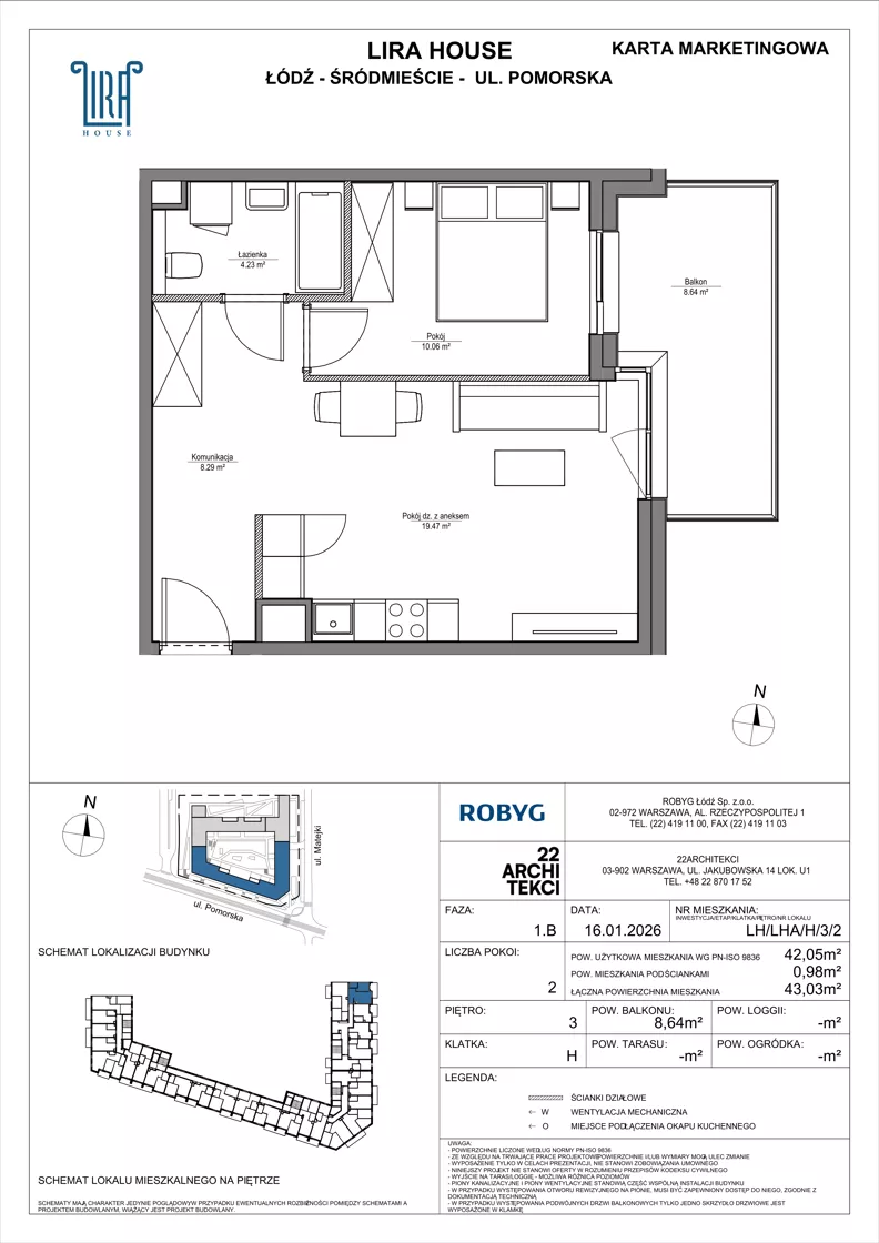 2 pokoje, mieszkanie 42,05 m², piętro 3, oferta nr LH/LHA/H/3/2, Lira House, Łódź, Śródmieście, ul. Pomorska