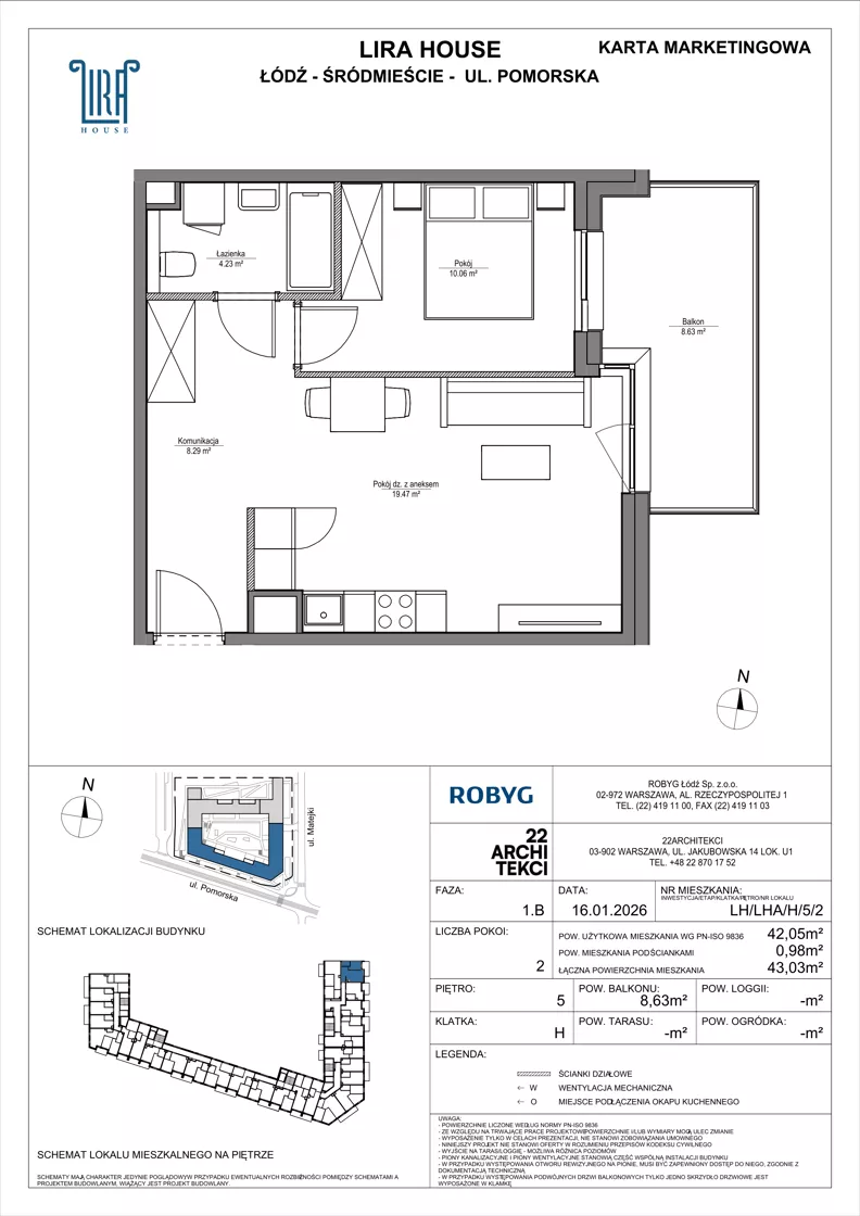 2 pokoje, mieszkanie 42,05 m², piętro 5, oferta nr LH/LHA/H/5/2, Lira House, Łódź, Śródmieście, ul. Pomorska