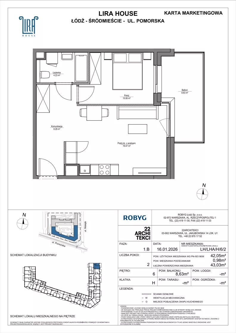 2 pokoje, mieszkanie 42,05 m², piętro 6, oferta nr LH/LHA/H/6/2, Lira House, Łódź, Śródmieście, ul. Pomorska